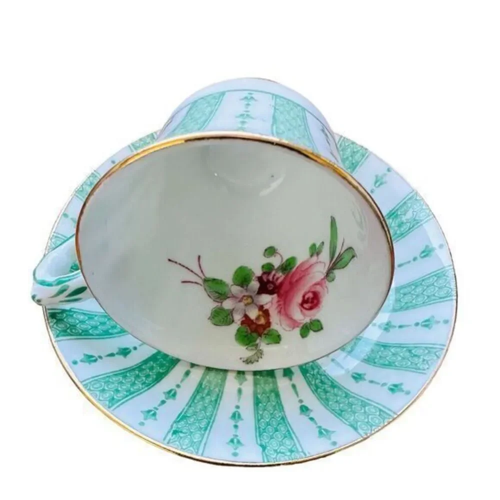 Crown Staffordshire Fine Bone China Demitasse Cup &‎ Saucer Green Lace Pink Rose